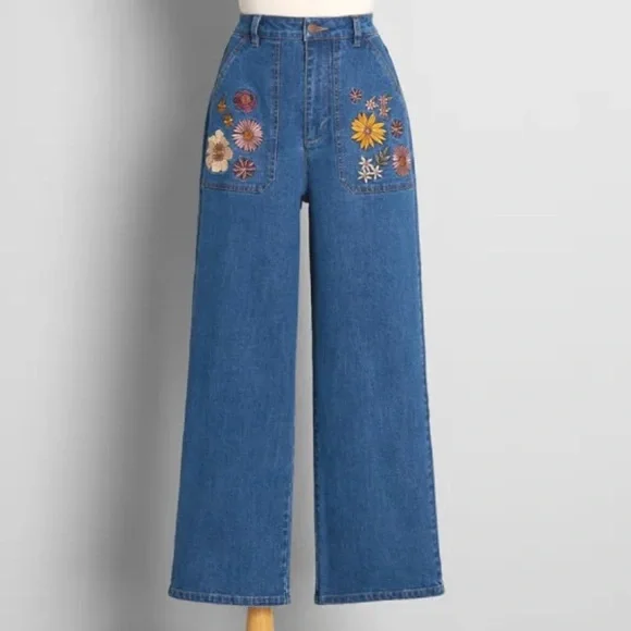 ModCloth x Princess Highway Floral Embroidered Wide-Leg Jeans SZ 8 - Picture 1 of 8
